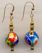 Millefiori, Fine Quality 14mm Round Earrings with Gold Seed Beads